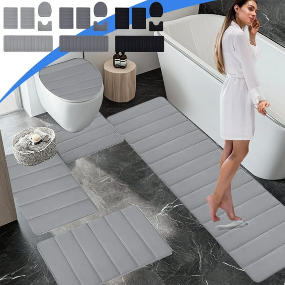 Non-Slip Bathroom Rugs Set 5 Piece, Memory Foam Bath Mat, Quick-Dry & Machine Washable, Gray by PALIFEUR