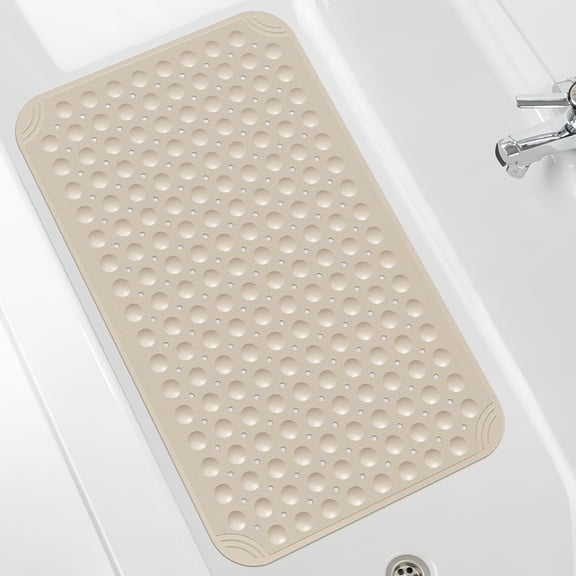Non Slip Bathtub Mat, 31"x 19" TPE Bath Mat for Tub with Drain Holes and Suction Cups, Anti-Slip Mats for Kids Baby Elderly Bathroom (Apricot)
