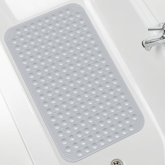 Non Slip Bathtub Mat, 31"x 19" TPE Bath Mat for Tub with Drain Holes and Suction Cups, Anti-Slip Mats for Kids Baby Elderly Bathroom (Light Grey)