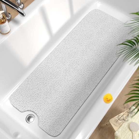 Non Slip Bathtub Mat 40 x 16 Inch, Extra Long Bath Mat for Tub, Soft PVC Loofah Shower Floor Mat with Drain, Quick Drying Bathroom Tub Mat for Wet Area, Without Suction Cup, Grey