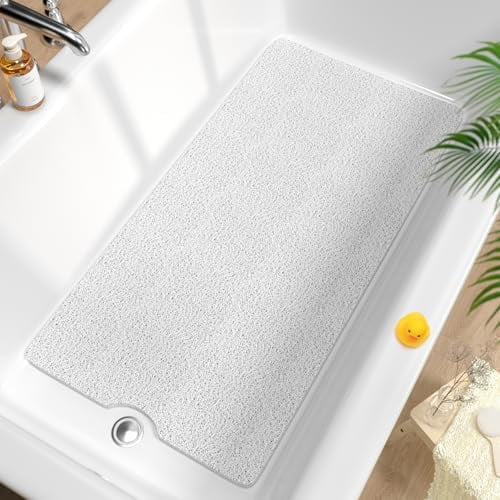 Non Slip Bathtub Mat 40 x 20 Inch, Extra Long Bath Mat for Tub, Soft PVC Loofah Shower Floor Mat with Drain, Quick Drying Bathroom Tub Mat for Wet Area, Without Suction Cup, White