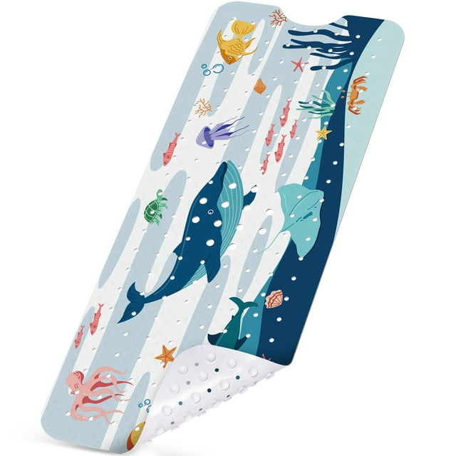 Non-Slip Bathtub Mat with Powerful Suction Cups, 40x16 Large Size Quick Drain for Safety in Showers and Tubs, Machine Washable Durable PVC Comfortable & Safe (Dark Whale)