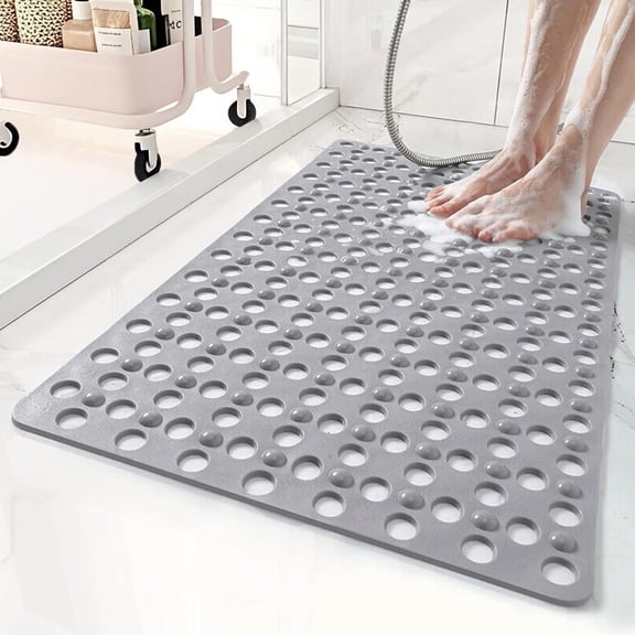 Non Slip Bathtub Mat and Shower Mat 31 x 17 Inch, Bath Tub Mat with Suction Cups, Quick Drain Holes, Soft PVC Shower Mat for Bathroom Tub, Floor and Tile, Grey