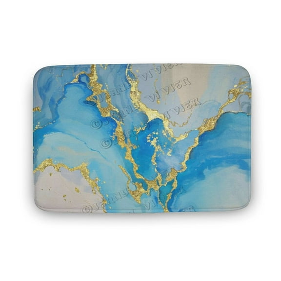 Non-Slip Blue and Gold Marble Bath Mat - 20x32 Inches, Indoor Use