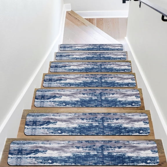 Non-Slip Carpet Stair Treads for Wooden 30"X8" Steps Blue Grey Ink Print Art Staircase Step Treads Indoor Soft Resistant Rubber Safety Stair Mats for Pets & Elders, Reusable Stair Runner Blue