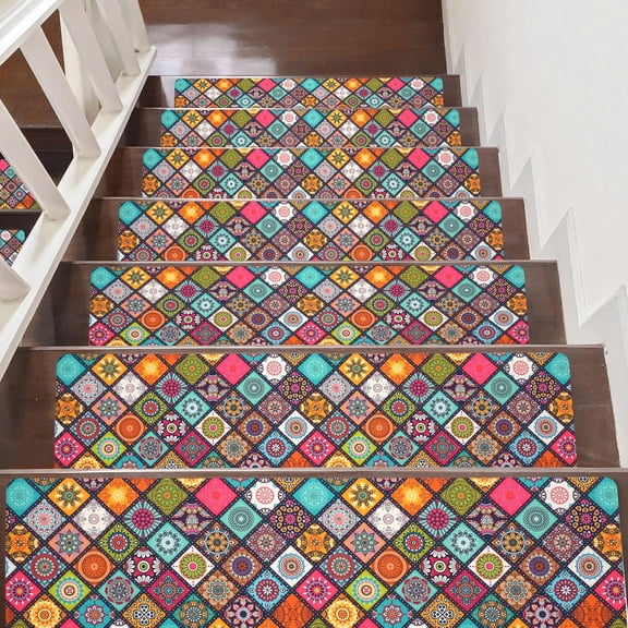 Non Slip Carpet Stair Treads for Wooden Steps Indoor, 7 Pack Bohemia Stair Runners Covers Staircase Step Rugs Stair Mats for Kids Elders and Dog