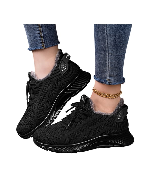 Non-Slip Casual Walking Shoes, Winter Warm Fuzzy Sneakers, Snow Boots for Women Waterproof Slip On Faux Fur Lined Walking Shoes Comfortable Winter Lace Up Ankle Booties, Black 5
