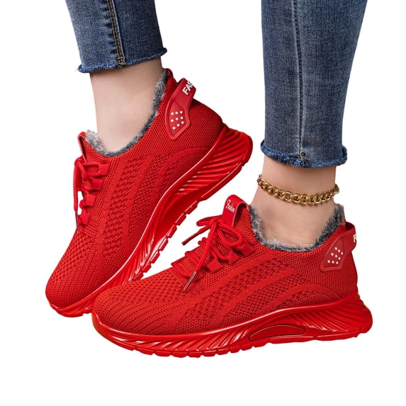 Non-Slip Casual Walking Shoes, Winter Warm Fuzzy Sneakers, Snow Boots for Women Waterproof Slip On Faux Fur Lined Walking Shoes Comfortable Winter Lace Up Ankle Booties, Red 8