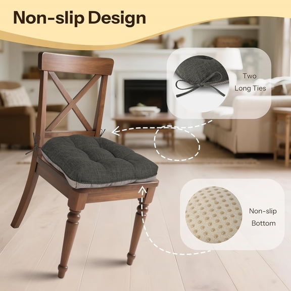 Non Slip Chair Cushions for Dining Chairs Set of 4 Kitchen Chair Cushions 18"x18"x3" Chair Pads Comfortable and Soft Seat Cushion with Ties, Dark Grey