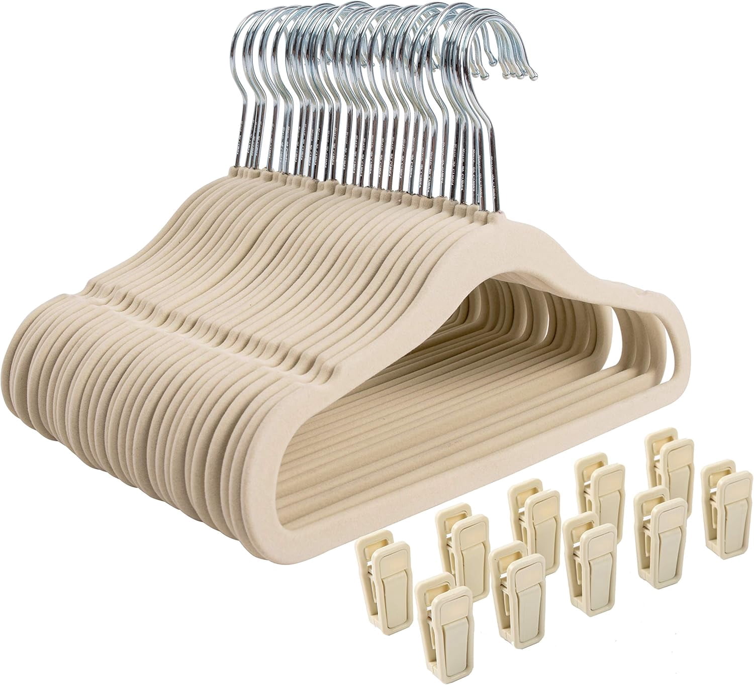 Non-Slip Clothes Hanger for Baby and Kids 30-Pack Velvet Hangers with 10 Finger Clips,Beige