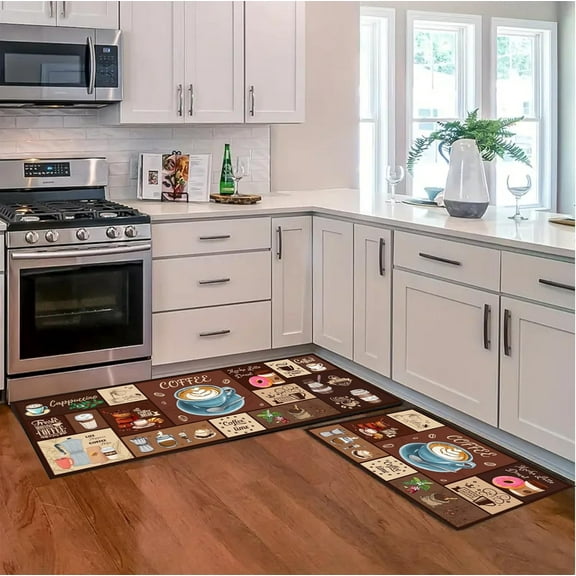 Non-Slip Coffee Kitchen Mat Sets 2 Piece,Anti-Fatigue Kitchen Mats for Floor Kitchen Rugs Non Slip Washable Coffee Kitchen Rugs Sets of 2 for Kitchen,Sink,Laundry 17"x47"+17"x30"