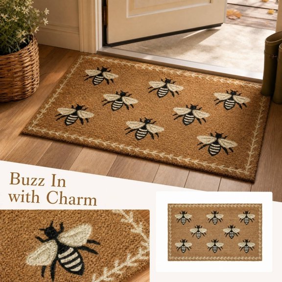 Non-Slip Coir Front Entrance Door Mat, Decorations for Home, Front Porch Decorations Outdoor, Farmhouse Home Decor, 24X16 Inch 8 Honey Bees Pattern Rustic Entrance Rug for Dirt