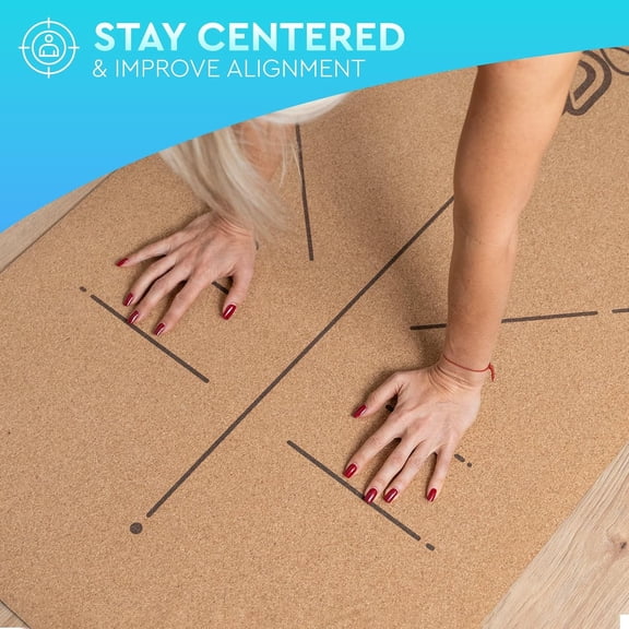 Non Slip Cork Yoga Mat 183x66cm, 5mm Thick + Alignment Lines + 55 Themed Yoga Cards + Home Workout Mat for Balance and Precision