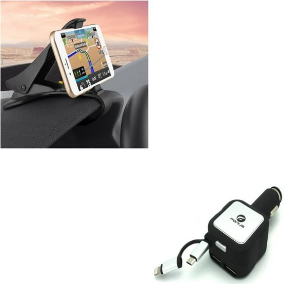 Non-Slip Dash Car Mount w 4.8Amp Retractable Charger for LG Tribute Dynasty, Stylo 3, 2, Plus V, Escape 3 (K373), K8+ (2018) - Motorola Moto G5 PLUS (XT1687) E5 Plus E4 PLUS G6 Play
