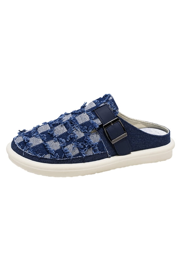 Non-Slip Denim Checkerboard Slides Men's Vintage Thread Edge Platform Sandals Open Toe Slip On Boho Style(Dark Blue,Size 8.5)