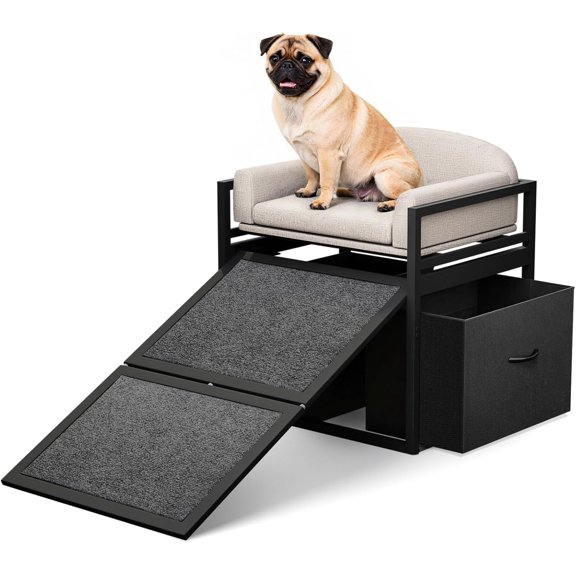 Non Slip Dog Ramp with Seat & Storage Drawers,Extra Wide Doggie Stairs,Metal Frame Puppy Chair for High Bed Couch Office,Dachshunds Ladder,Washable Cushion Pet Step for Small Old Pets Khaki