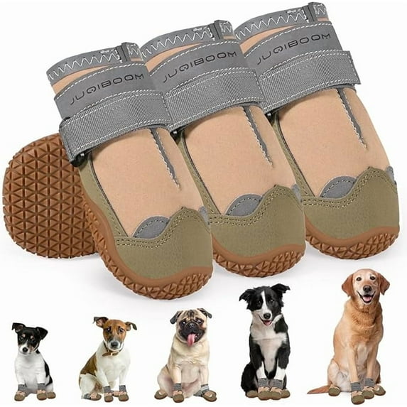Non-Slip Dog Shoes for Outside and Indoor, Rugged Anti- Slip Sole Dogs Boots with Adjustable Reflective Strips for Small Medium Large Dogs (Waterproof-Khaki, #8(Width 2.97 inch) Pack of 4)
