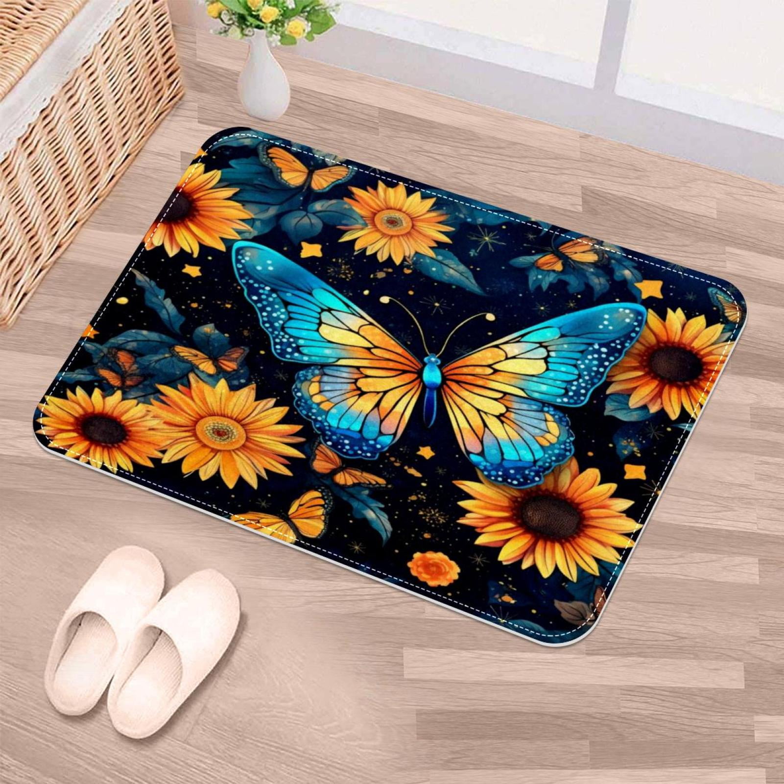 NonSlip Door Mat Butterfly Sunflowers, Soft Machine Washable Doormats