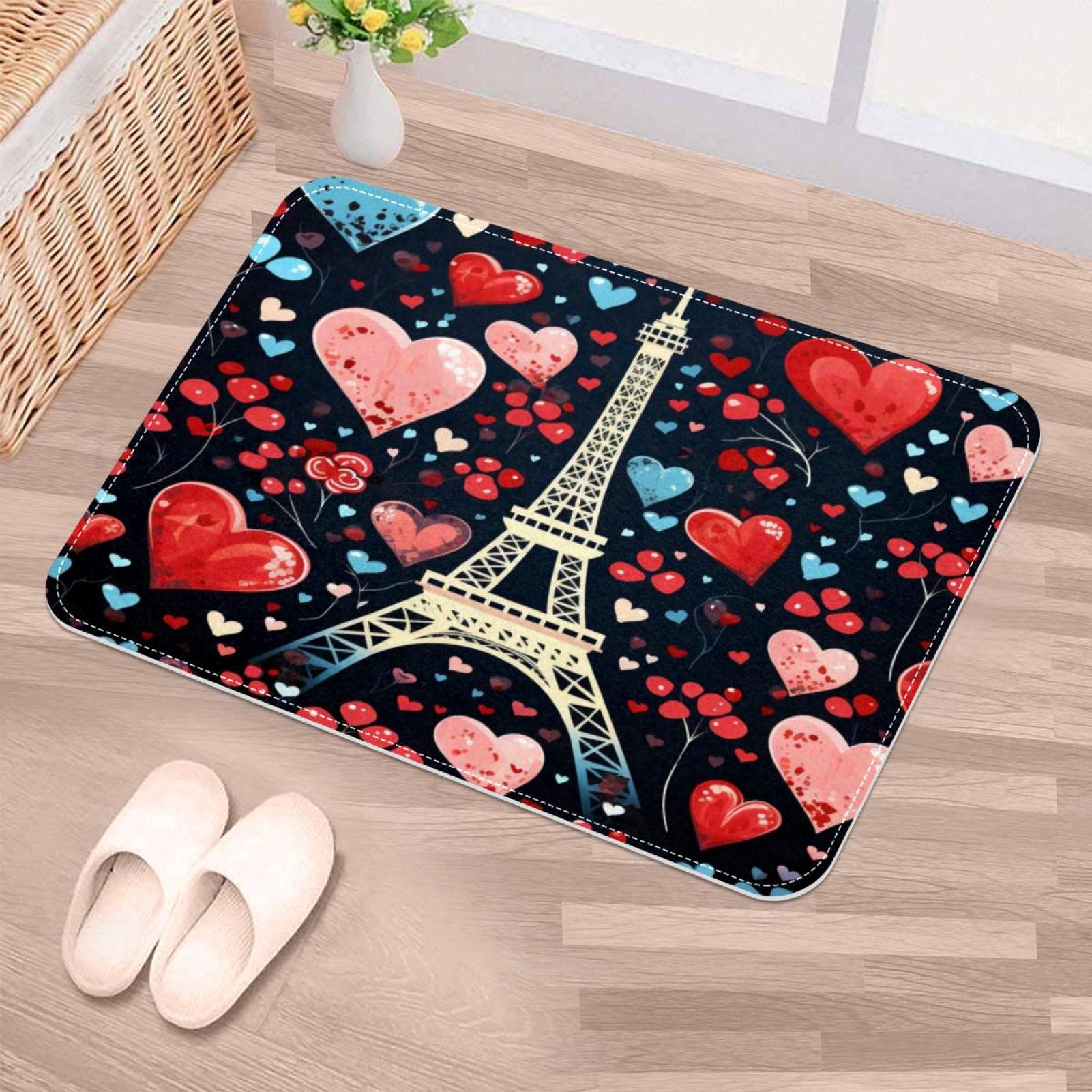 NonSlip Door Mat Eiffel Tower Hearts, Soft Machine Washable Doormats