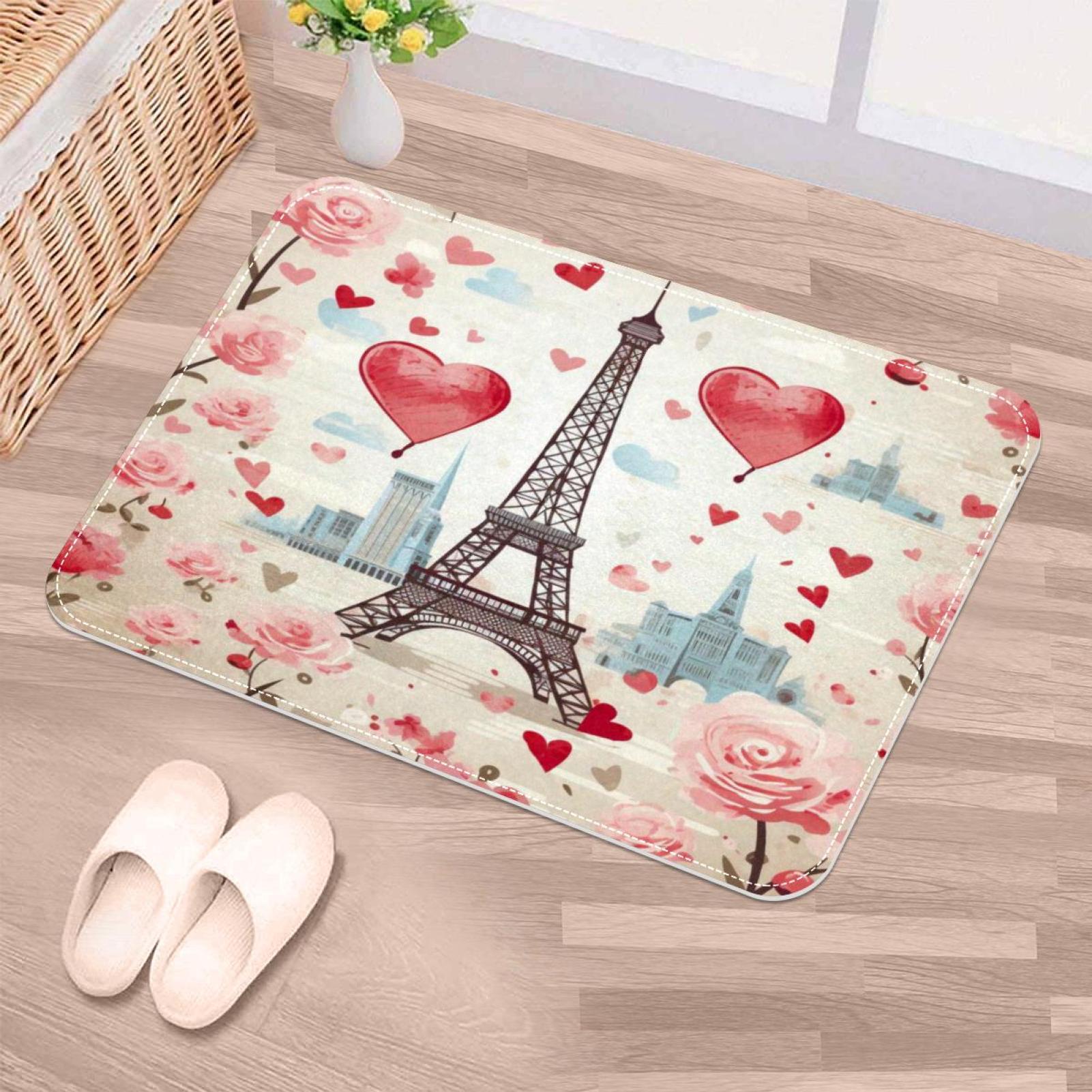 NonSlip Door Mat Eiffel Tower Hearts, Soft Machine Washable Doormats