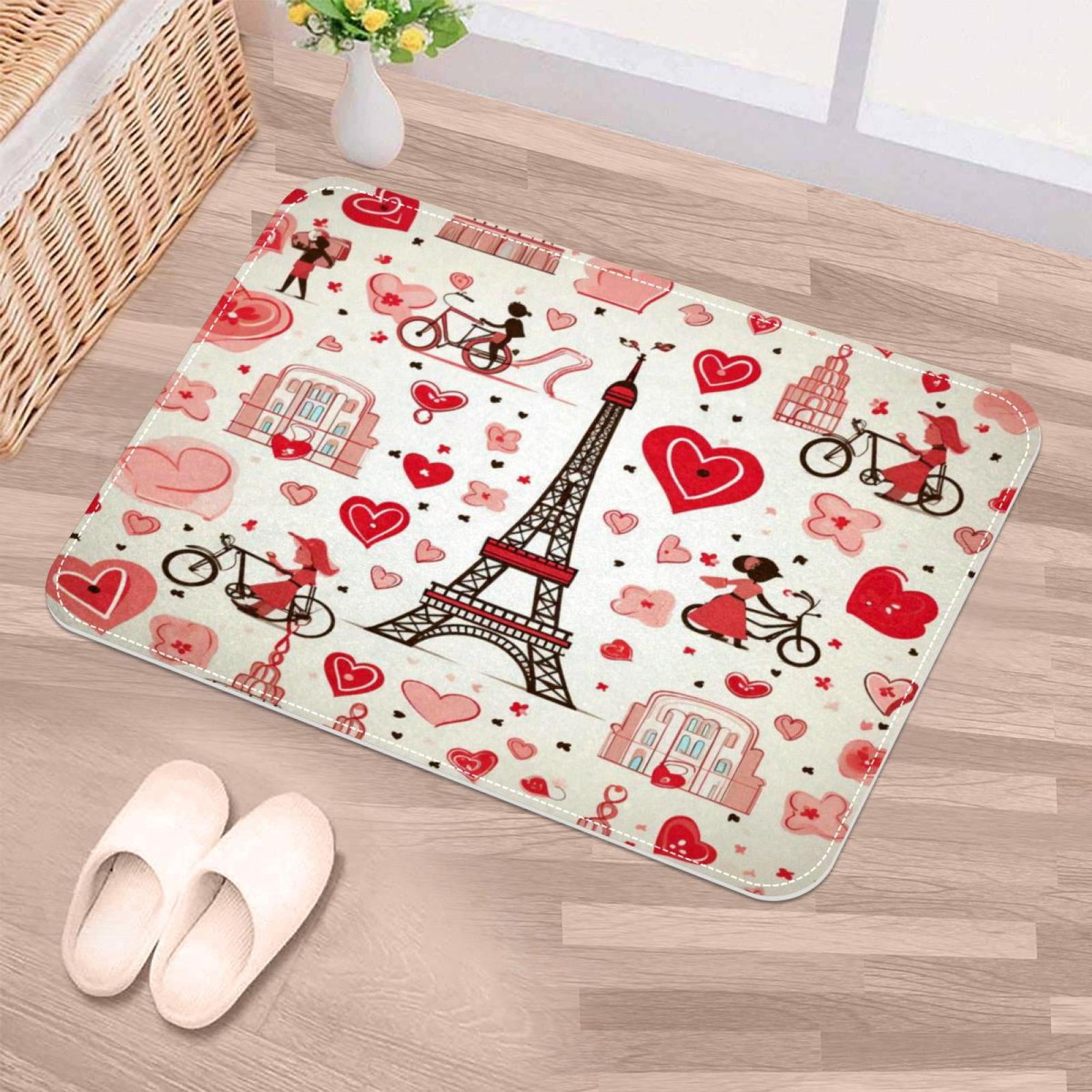 NonSlip Door Mat Eiffel Tower Hearts, Soft Machine Washable Doormats