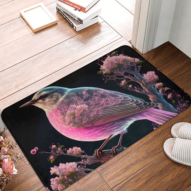 Non Slip Door Mat, Pink Patterned Bird 2 Fast Drying Bath Tub Mats
