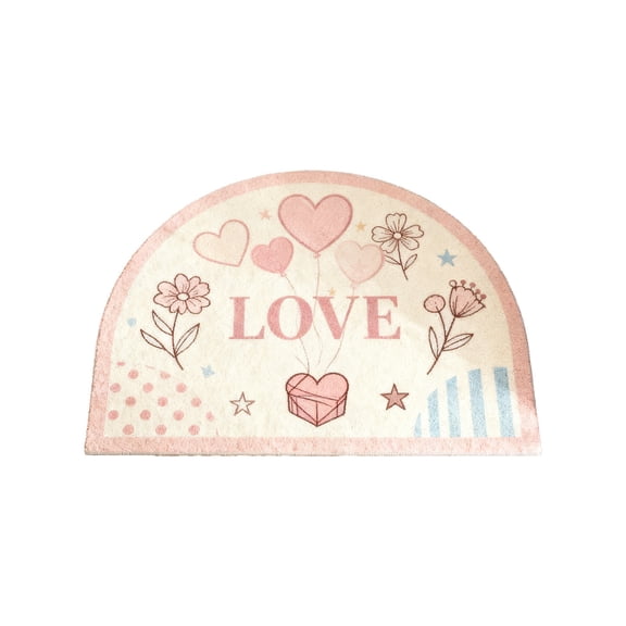 Non-Slip Door Mat Valentine's Day Half Round Rug, Absorbent Semicircle Floor Mat for Entryway Kitchen Porch, Washable Polyester Carpet with Festive Border Design