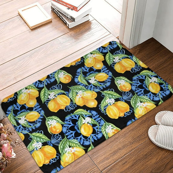 Non Slip Door Mat, yellow lemons Blue Sicilian style Fast Drying Bath Tub Mats, Absorbent Bathroom Rugs Entrance Welcome Mat, Bath MatS for Tub, Floor, Home, Kitchen, Hotel,16x24in