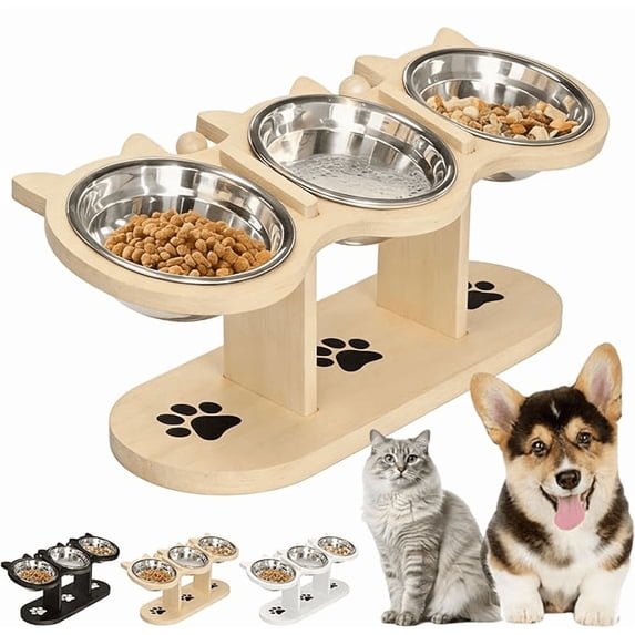 Non-Slip Elevated Pet Feeder with 3 Bowls, 2026 New Cat Feeding Station with 3 Stainless Steel Bowls, 15°Tilted Raised Pet Food Bowls with Stand for Dogs and Cats (Wood)