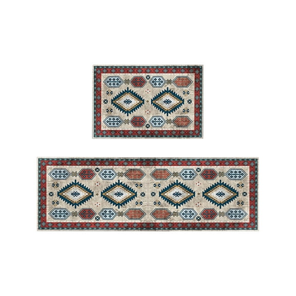 Non Slip Ethnic Kitchen Rug Set 2PC Absorbent Bathroom Mat Sink Stove Fatigue Relief Floor Mat Machine Washable Durable Polyester 16x24in 16x47in for Home Office Laundry