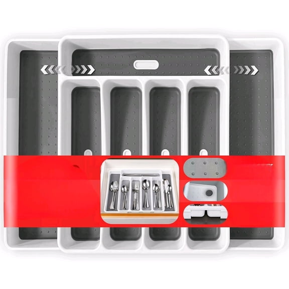 Non-Slip Expandable Silverware Drawer Organizer,7 Compartment Tasteless Large Capacity Thick Plastic Flatware Divider for Silverware, Stationery, Cosmetics Minimalist Design and Premium Feel
