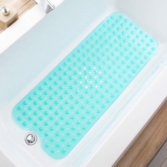 Non-Slip Extra Long Bath Mat 39x16 Inch - Strong Suction Cups & Drain Holes, Machine Washable (Clear Grey)