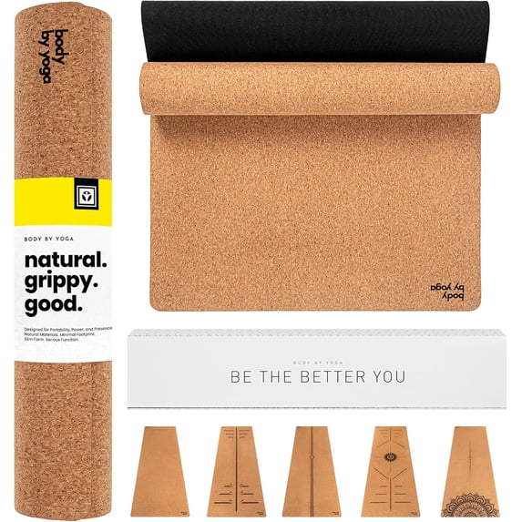 Non-Slip Extra-Thick Cork Yoga Mat with Alignment Lines — Classic Color, 72" x 24" x 0.17"