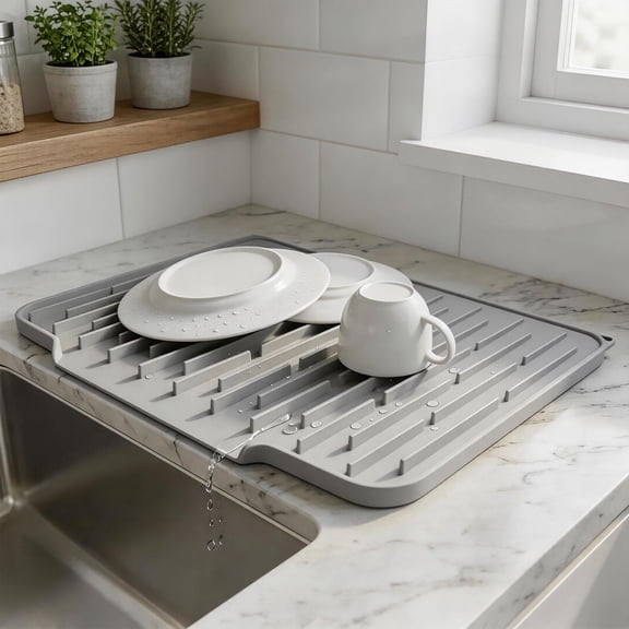 Non Slip Fast Drain Silicone Kitchen Drying Mat, Waterproof Counter Protector for Dishes Coffee Pet Bowl