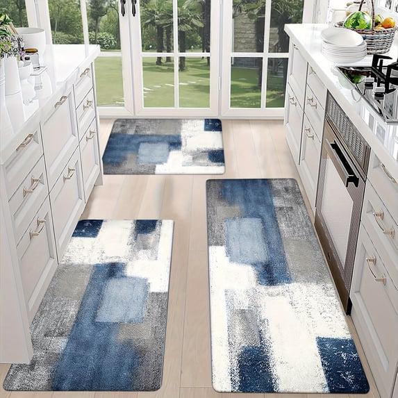 Non-Slip Flannel Kitchen Mat, 10mm Thick 18D Density, Soft Comfortable Easy Clean, Modern Abstract Blue Gray White, 2/3-Piece Set for Bedroom