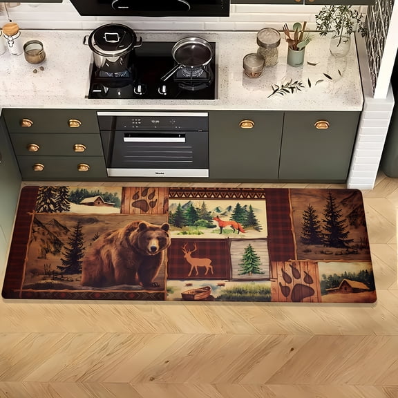 Non-Slip Flannel Rug, Bear Moose Pattern Farmhouse Carpet, Ultra-Comfortable 0.4" Thick Area Rug for Kitchen Living Room Bedroom, Machine Washable