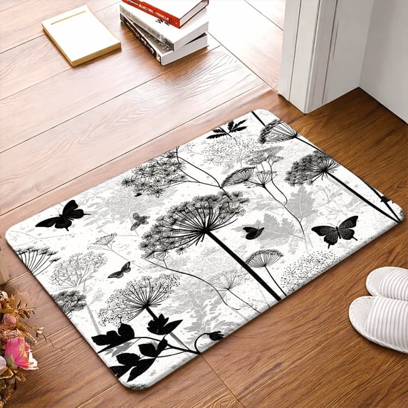 Non-Slip Flannel Rug Indoor/Outdoor, Black White Plant Pattern, Machine Washable Mat for Front Door Kitchen Bedroom Bathroom Balcony Porch Entryway Dog Mat