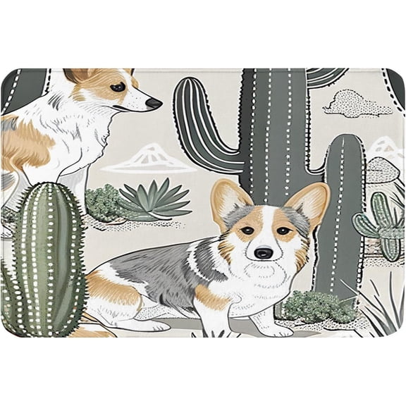 Non-Slip Flannel Soft Doormat Floor Entryways Outdoor Indoor Front Door Mat,Grey and White Cactus Dog Pattern Bath Mat,16x24in