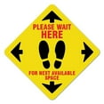 thumbnail image 1 of Non-Slip Floor Graphic Coronavirus Vinyl Decal - Please Wait Here Yellow, 1 of 1
