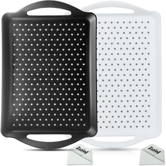 Non Slip Food Serving Tray with Handles, 2-Pack Rectangle Anti-Slip Non-Toxic Dishwasher Safe Tray for Snack Fruit Dessert Breakfast Drink,Black