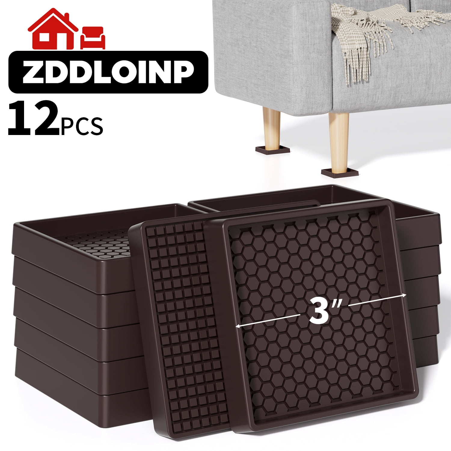 Non Slip Furniture Coasters - 3” Non Skid Furniture Pads for Hardwoods Floors, 12 PCS Square Rubber Furniture Caster Cups, Anti Slide Furniture Feet Floor Protectors for Bed Couch Stoppers (Brown)