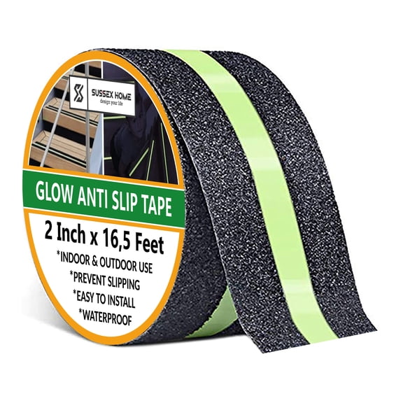Non-Slip Glow In The Dark Tape - Heavy Duty Grip Tape For Stairs - Waterproof Safety Anti Slip Tape For Staircase, Dark Areas - Easy Install, Works On Smooth Surfaces - 2"X16.5' Roll, Glow