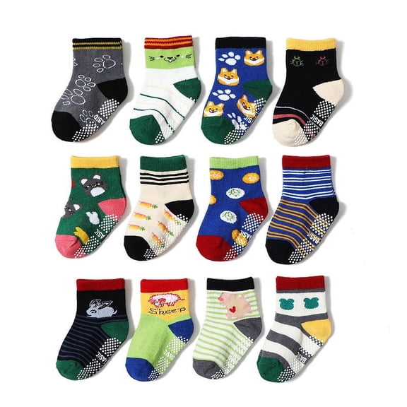 Non Slip Grip Ankle Baby Socks 12 Pack for Toddler Boys and Girls Kids,Infant Cute Cotton Baby Socks