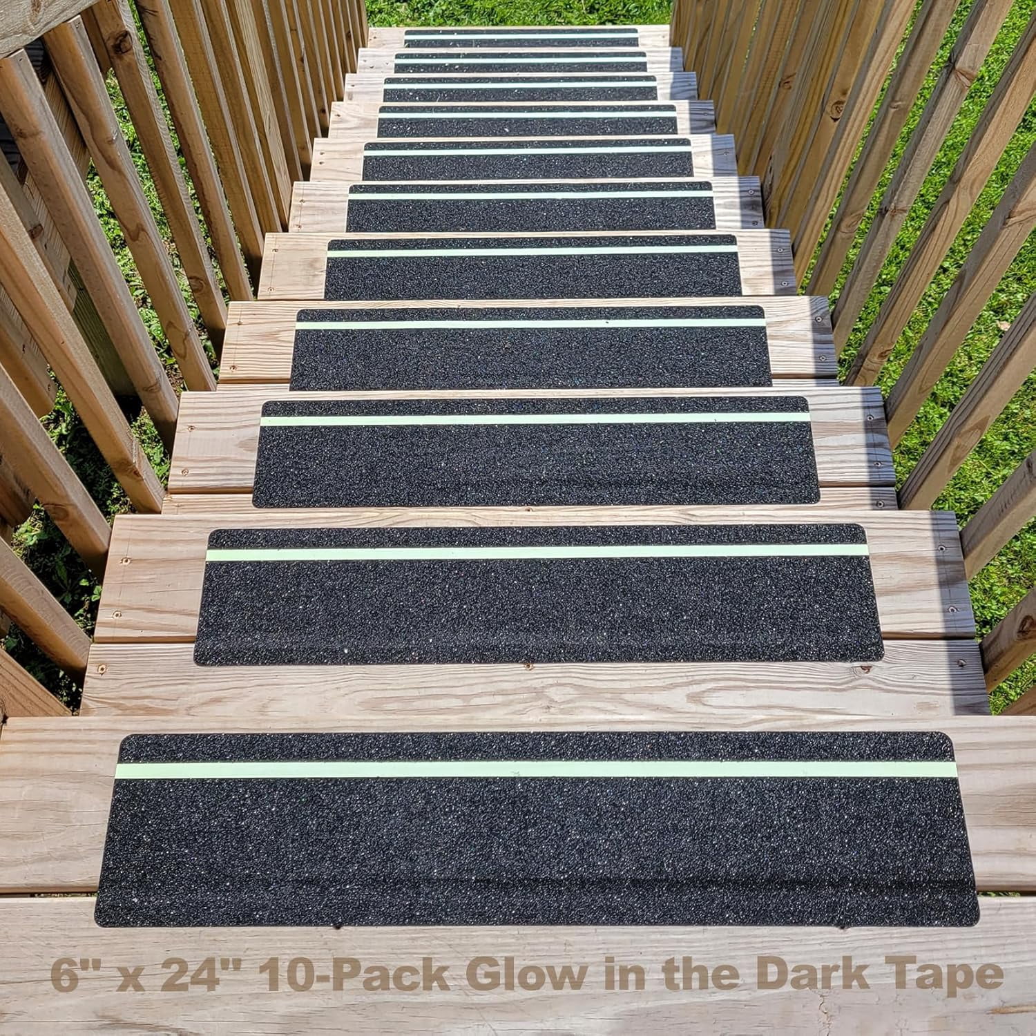 Non Slip Grip Tape with Glow in Dark Stripe, High Friction Deck Strips Anti Skid for Steps Outdoor Basement Stair Treads, 6 x 24 Inch, 10-Pack