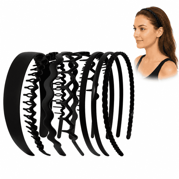 HBlife Fashion Non Slip Hairbands with Teeth for Women, Black, 7 Pack