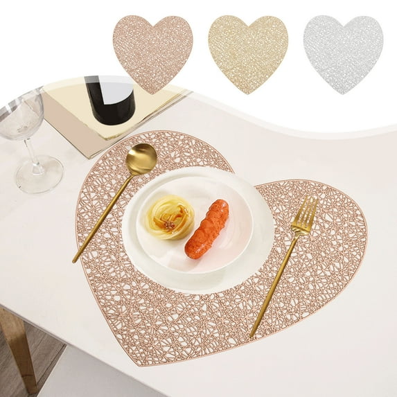 Non Slip Heat Resistant PVC Placemats | Reversible Hollow Circle Design | Imitation Linen Texture | Water Stain Resistant | Washable | 14.96in | 1 Piece | Gold Silver Rose