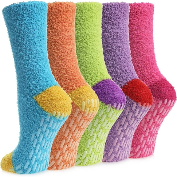 Non Slip Hospital Socks with Grips for Women Winter Warm Cozy Fuzzy Slipper Soft Fluffy Sleep Socks