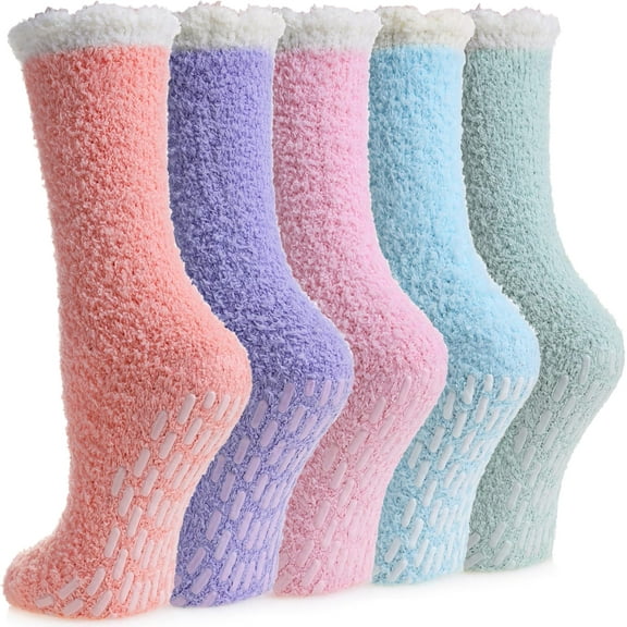 Non Slip Hospital Socks with Grips for Women Winter Warm Cozy Fuzzy Slipper Soft Fluffy Sleep Socks