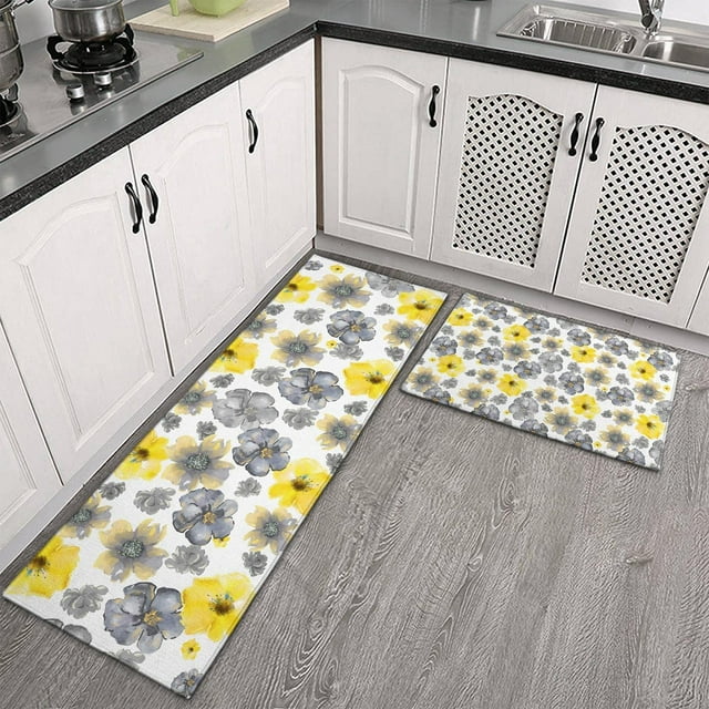 Non Slip Kitchen Floor Mat Flower Watercolor Gray Yellow Art Set 2 Piece Kitchen Rug Yoga Mat