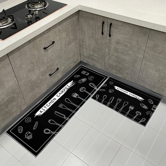 Non Slip Kitchen Mat Rugs Set 2 Pieces,Non Skid Washable Kitchen Rugs and Mats, Comfort Standing Mats for Home Kitchen Entrance Door Mat (17"*29"+17"*47", Black)